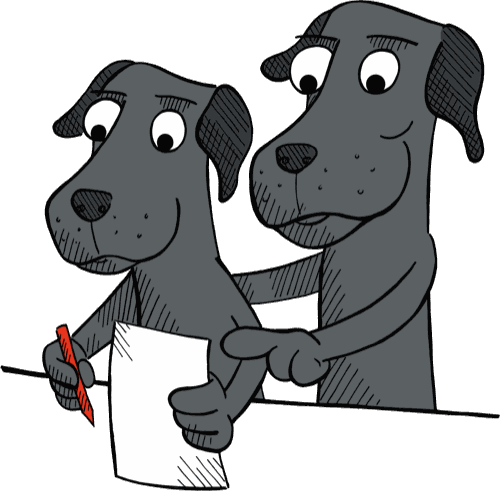 Illustration: zwei Hunde, einer hilft dem anderen beim Schreiben