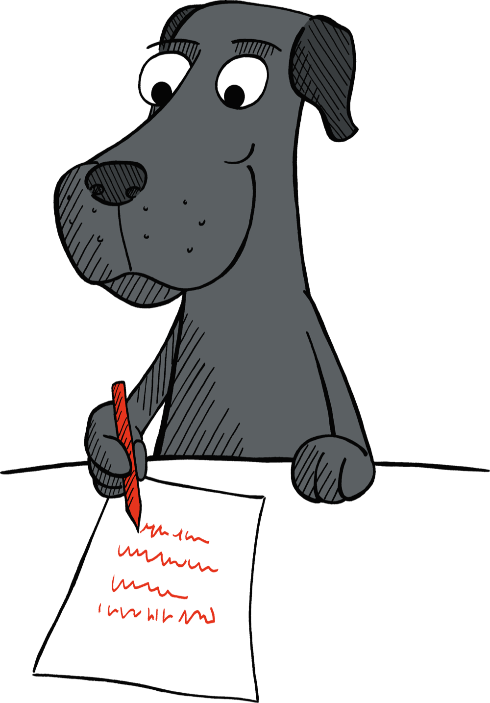 Illustration: Hund schreibt mit rotem Stift auf einem Blatt Papier