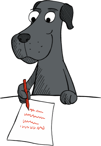 Illustration: Hund schreibt mit rotem Stift auf einem Blatt Papier